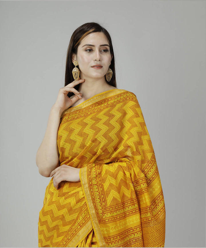 Mustard yellow bagru handblock printed cotton silk saree