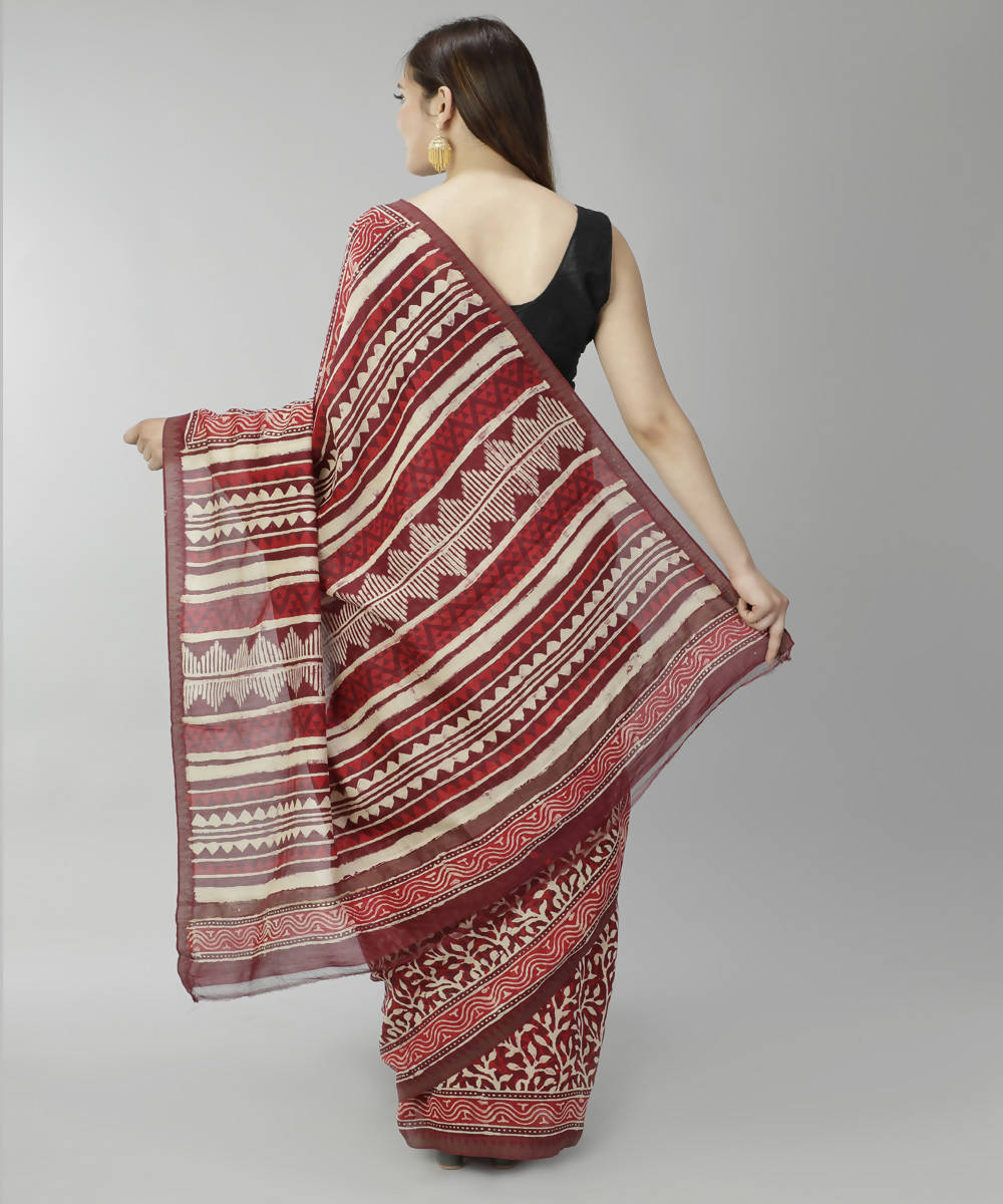 Red bagru handblock print cotton silk saree