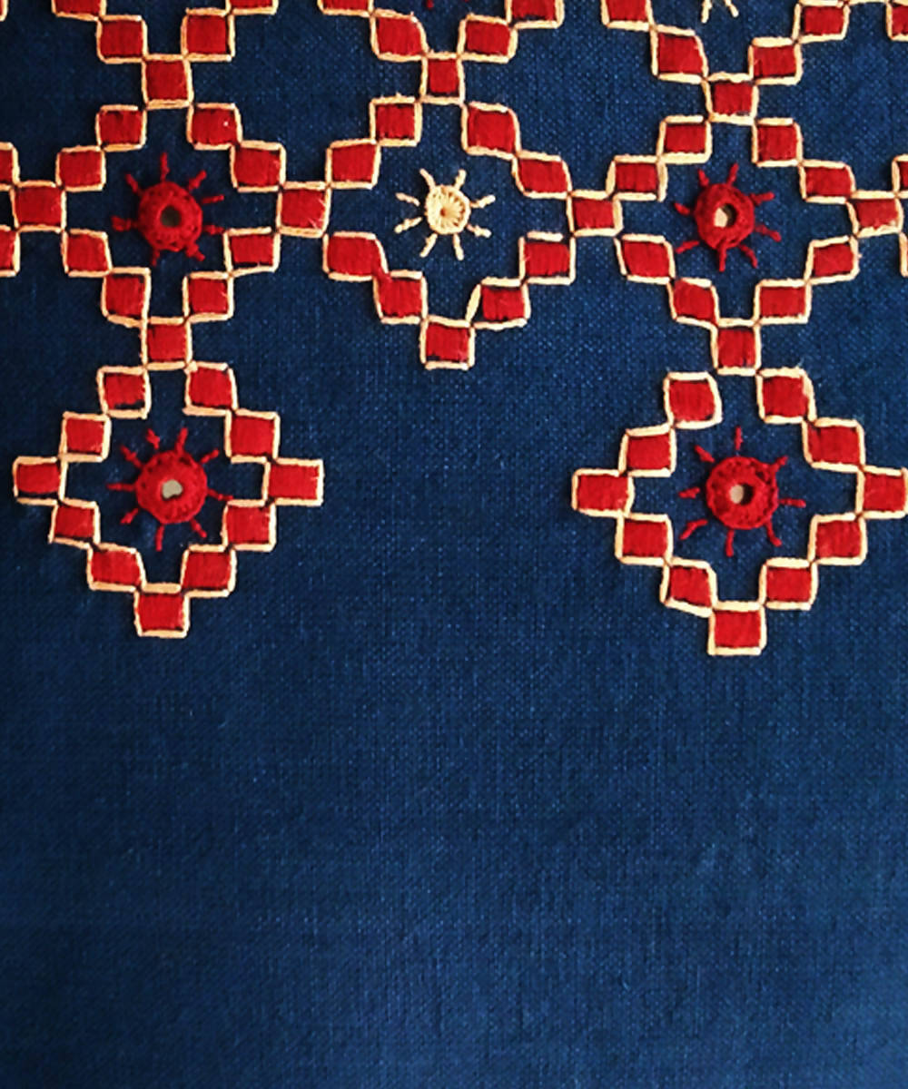 Blue kharak hand embroidery cotton cushion cover