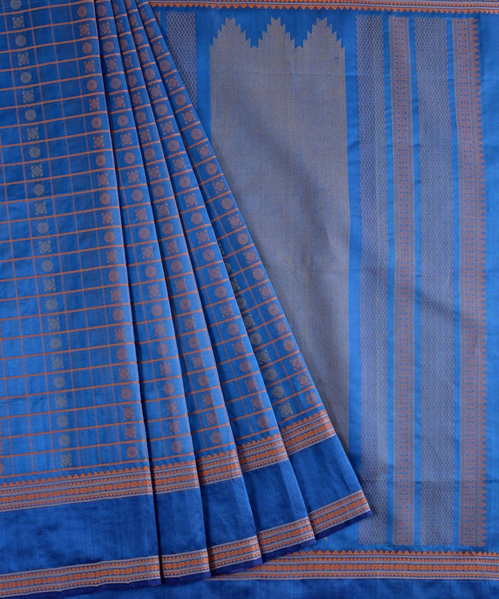 Peacock blue Kanjivaram silk cotton thread work checks butta saree