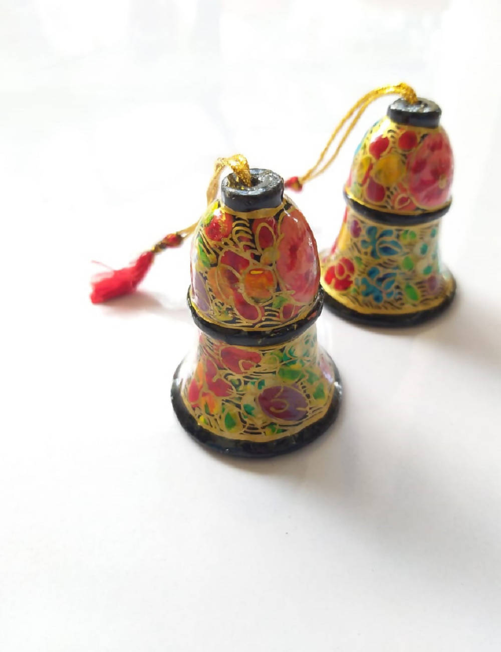 Multicolor hand painted wood christmas bells with gift pouch(Set of 6)