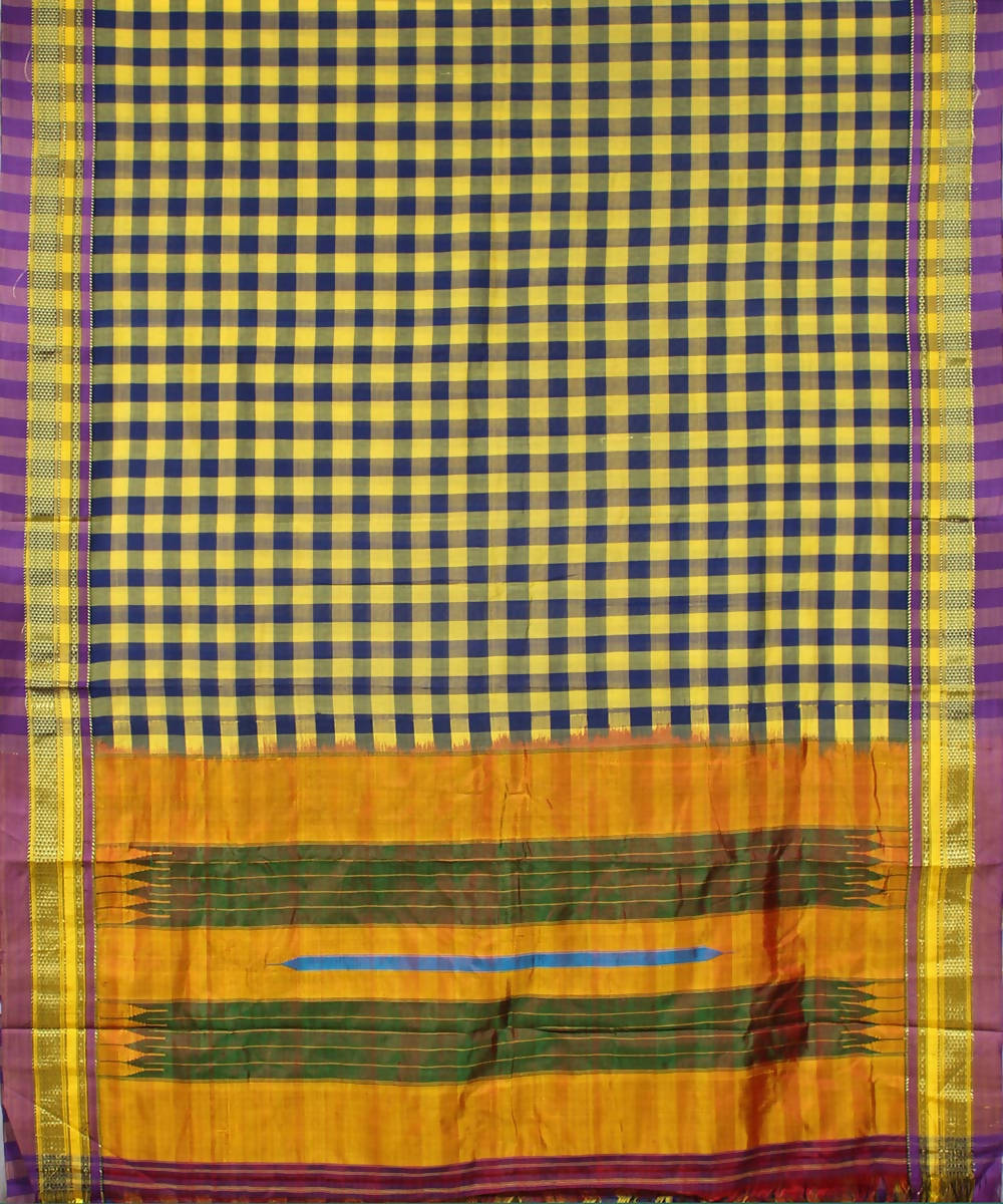 yellow navy checks handloom chikki paras border ilkal saree