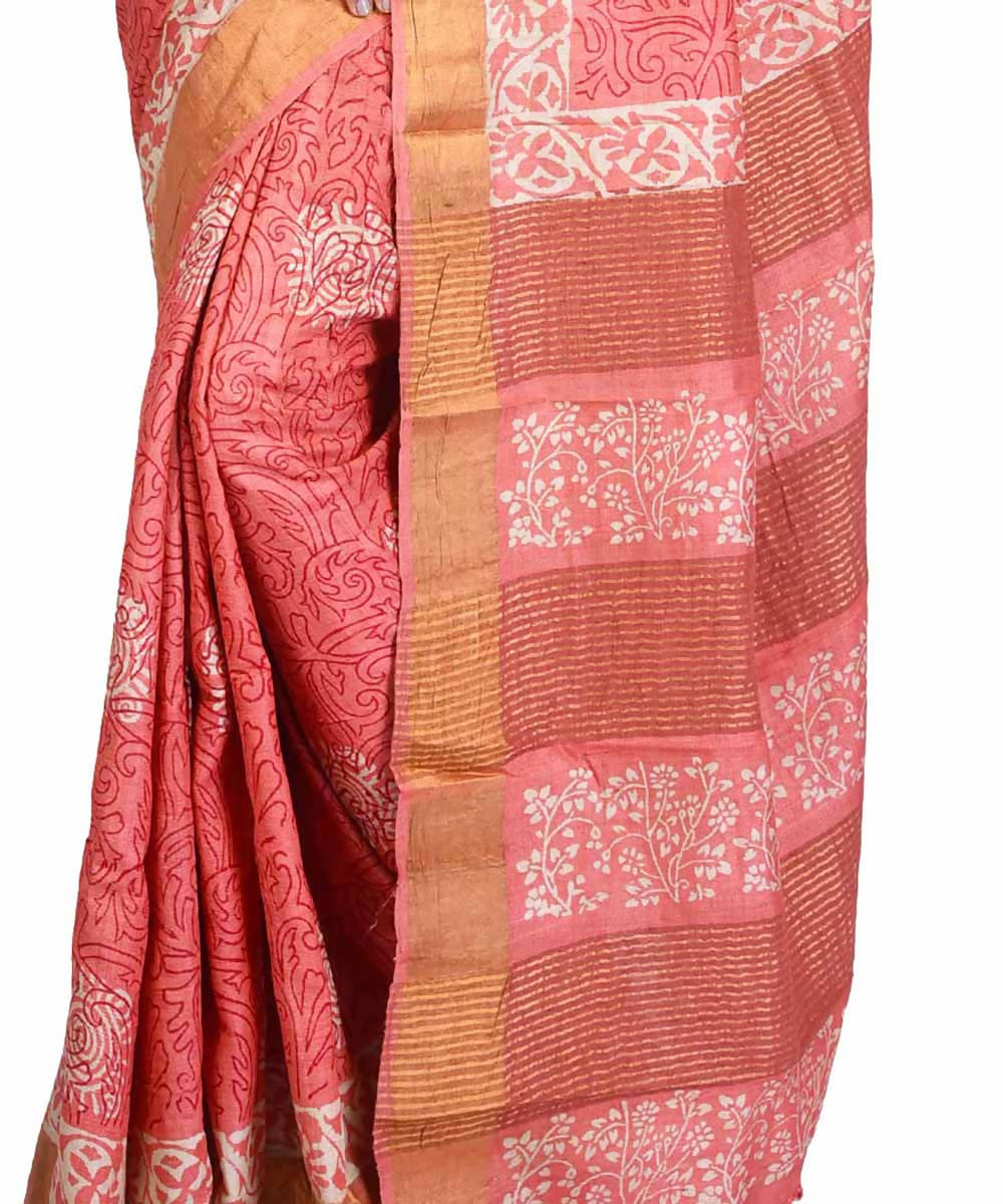 Peach hand block print handwoven mulberry and tussar silk saree