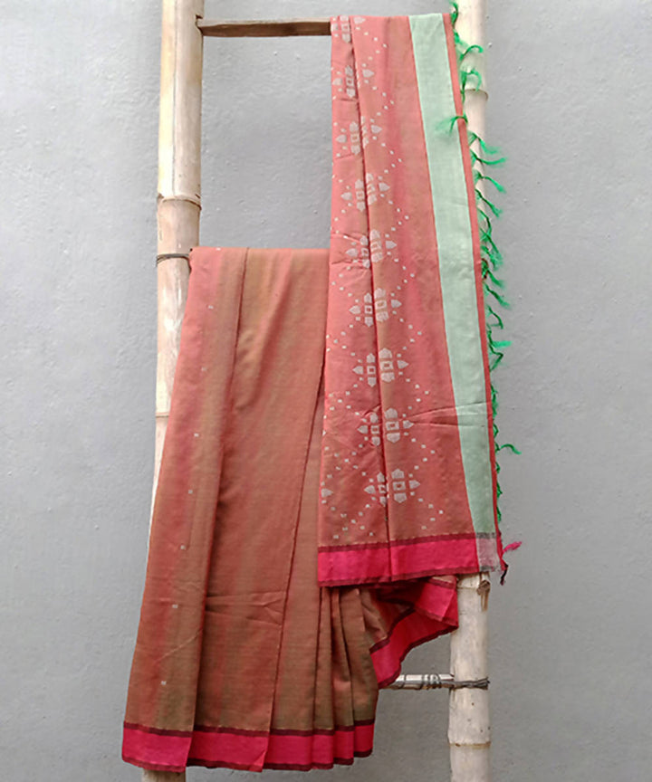 Brick brown handwoven extra weft cotton silk saree