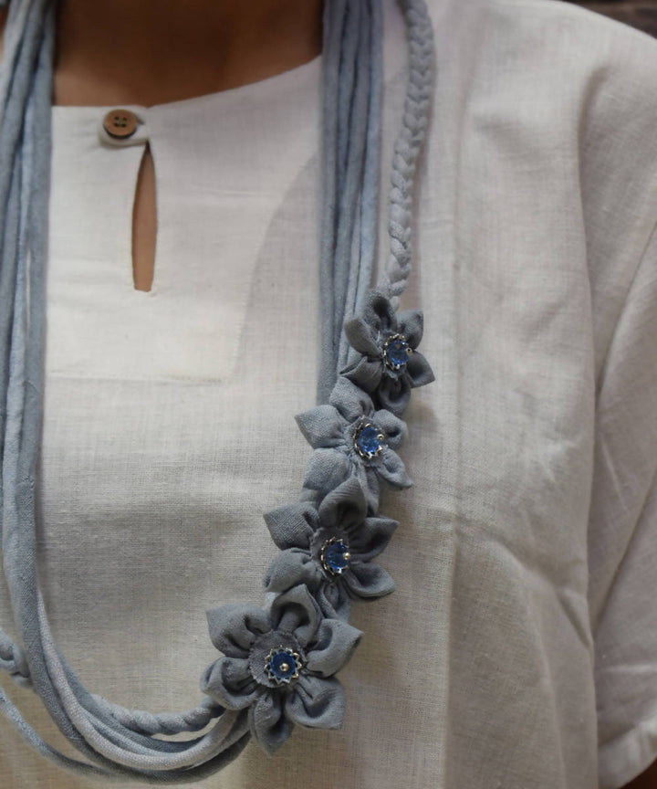 Cyan blue and grey mala handmade cotton brass necklace