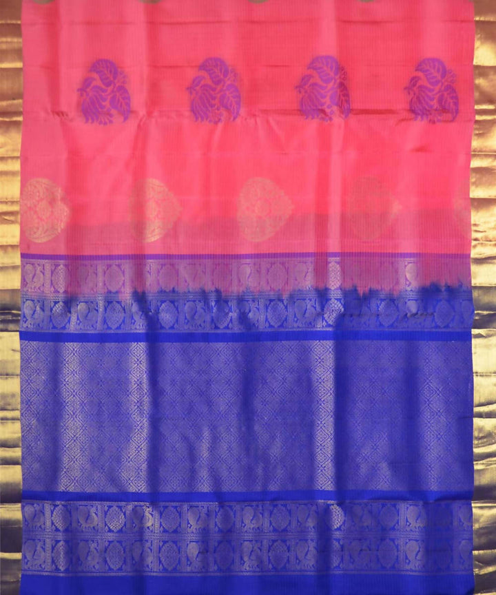 Peach Royal Blue Handloom Soft Silk Saree