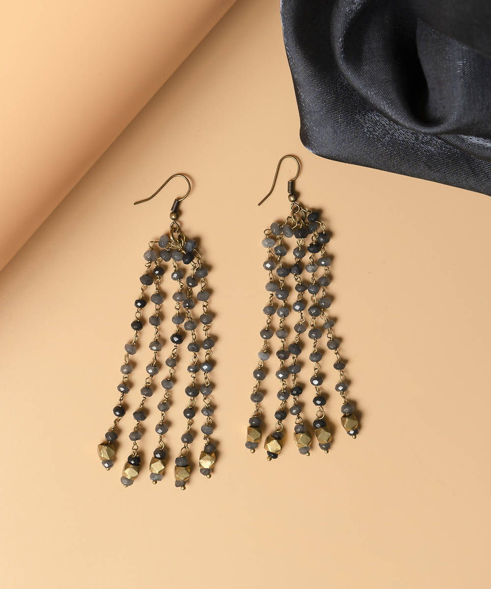 Grey handcrafted genuine semi precious gemstone dhokra brass earring