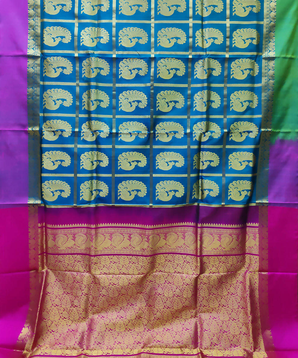 blue pink handwoven venkatagiri silk saree with kuttu border