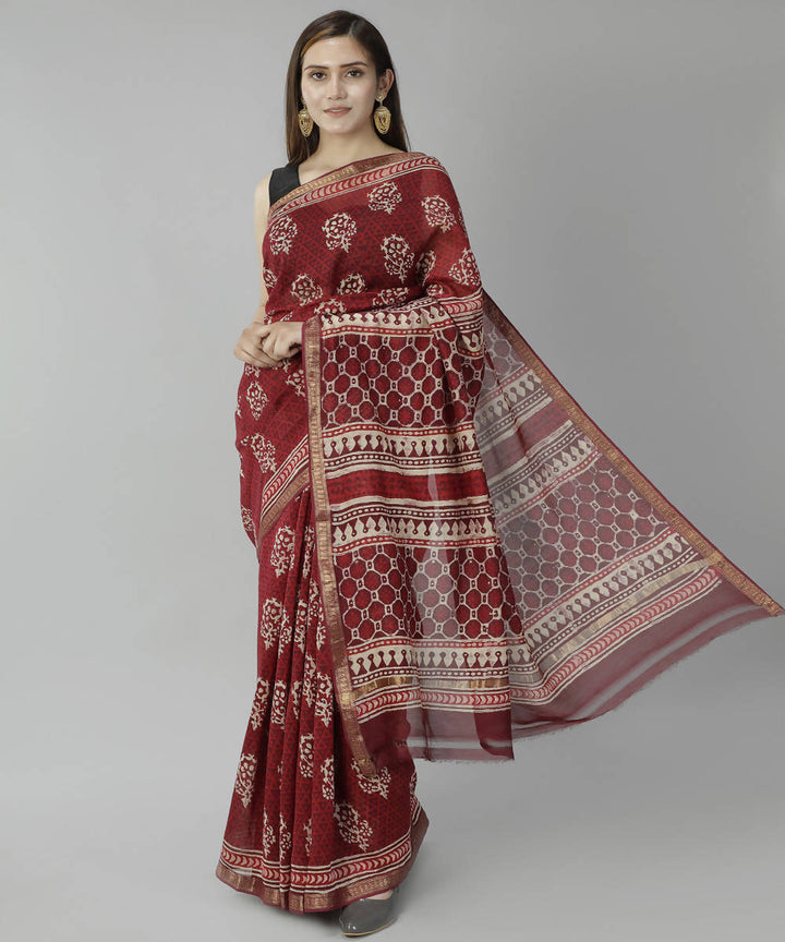 Dark red bagru handblock printed cotton silk saree