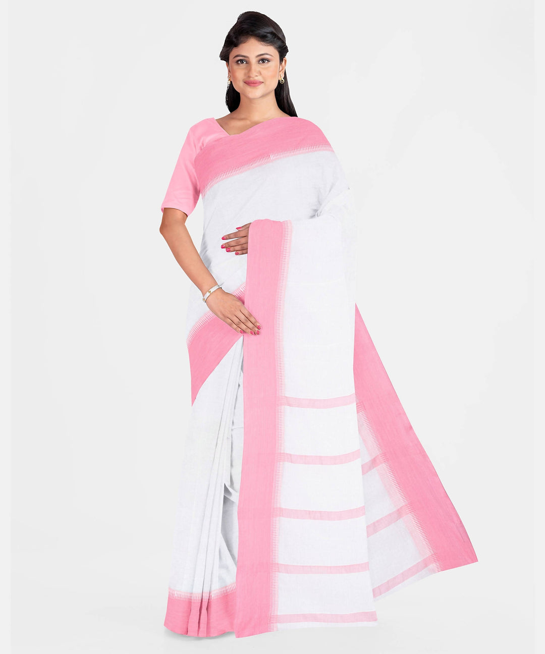 Biswa bangla handwoven white mercerised cotton saree