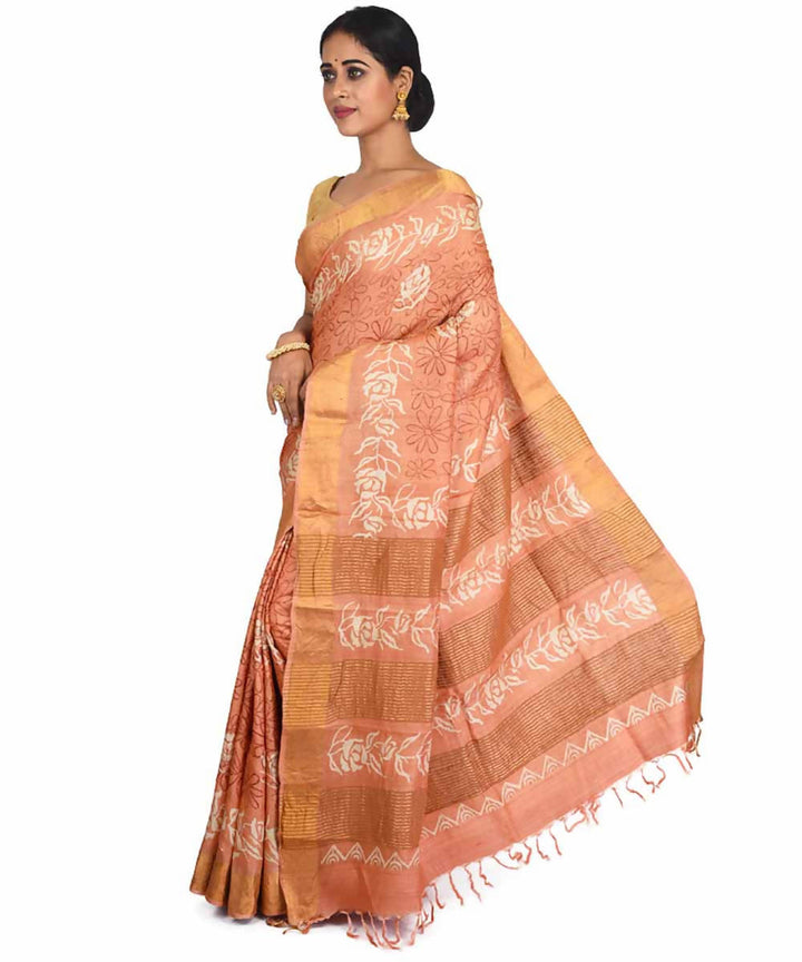 Rust brown hand block print handwoven mulberry and tussar silk saree