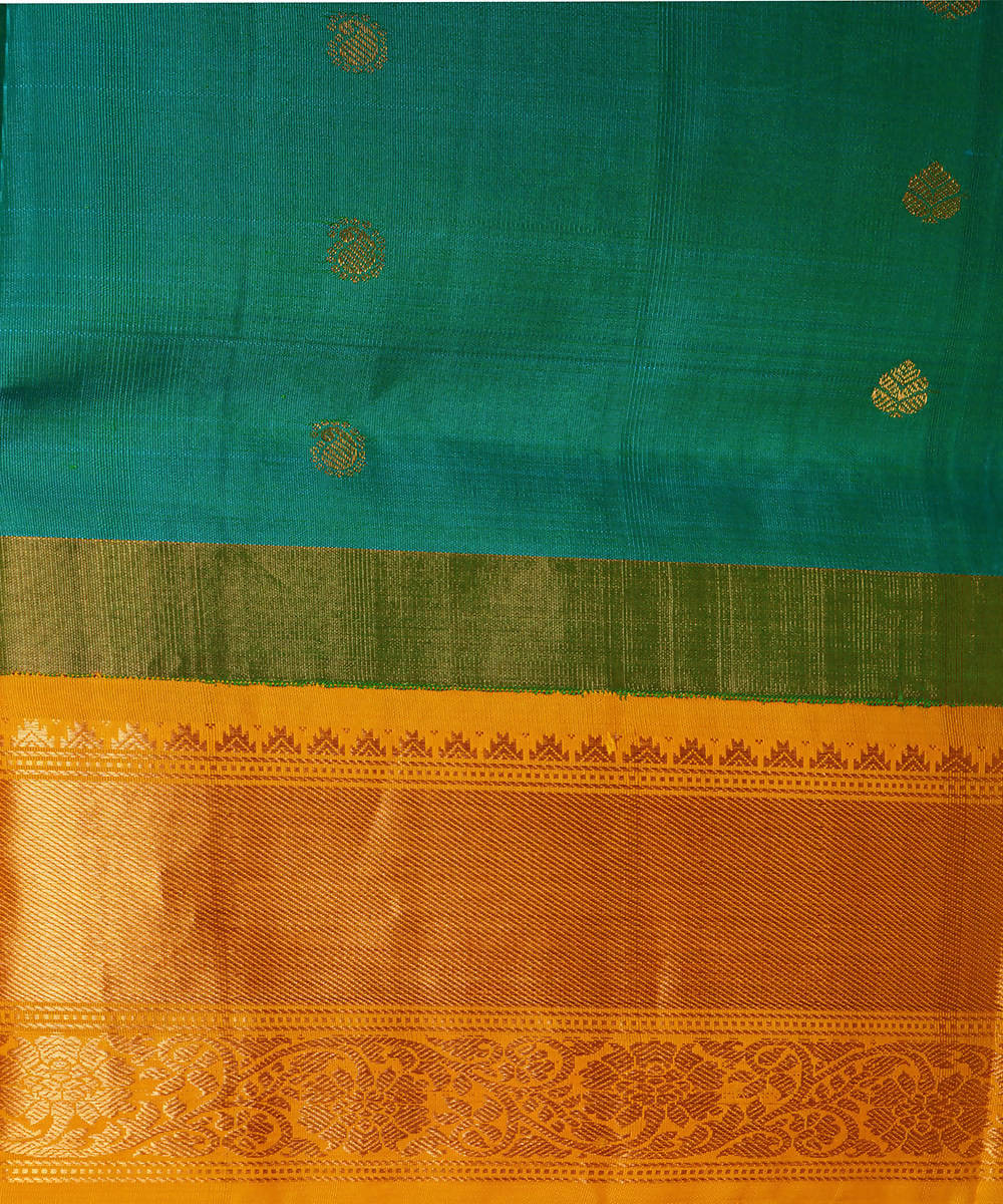 Cyan green yellow handwoven silk gadwal saree