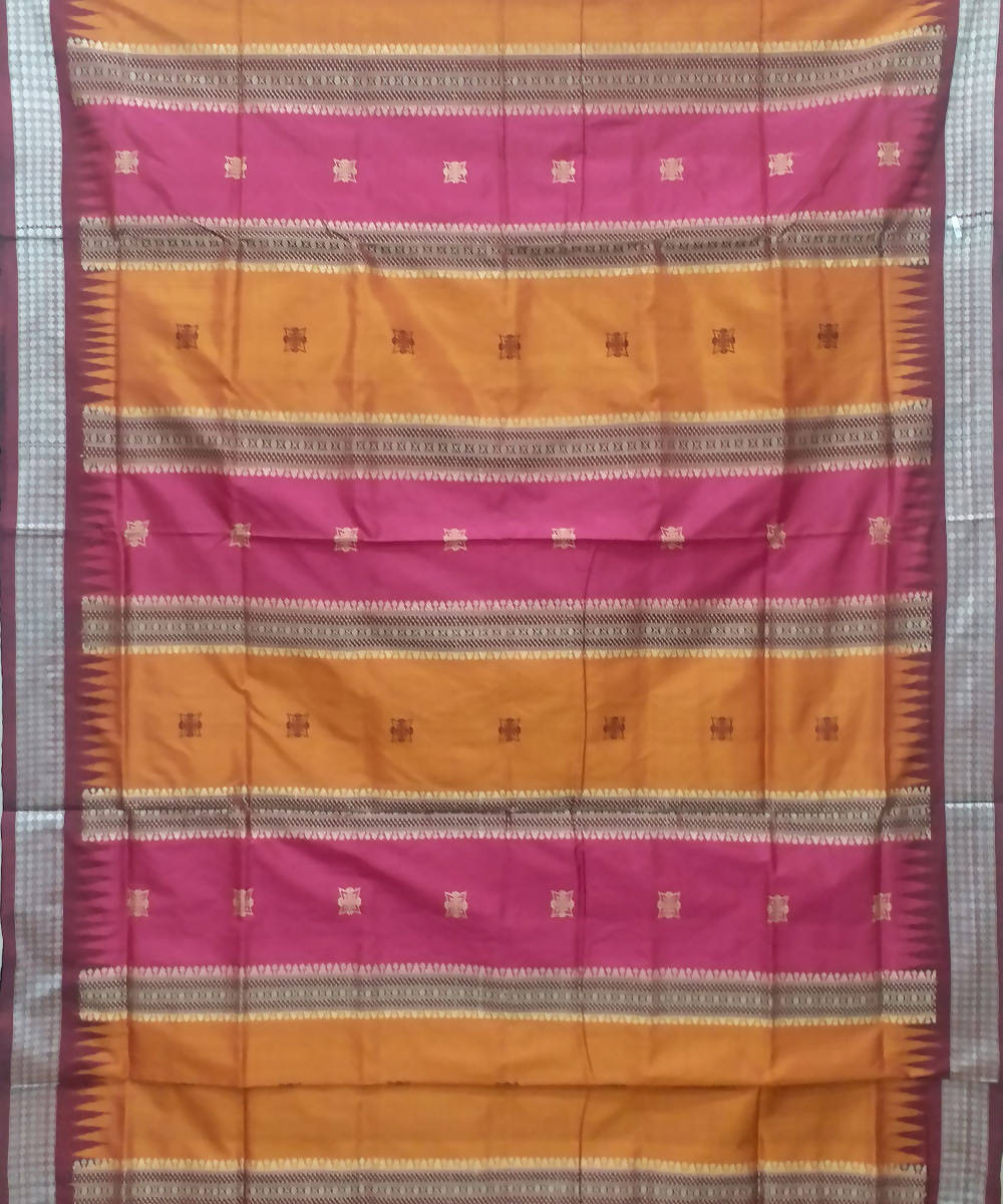 Mustard pink handwoven bomkai silk saree