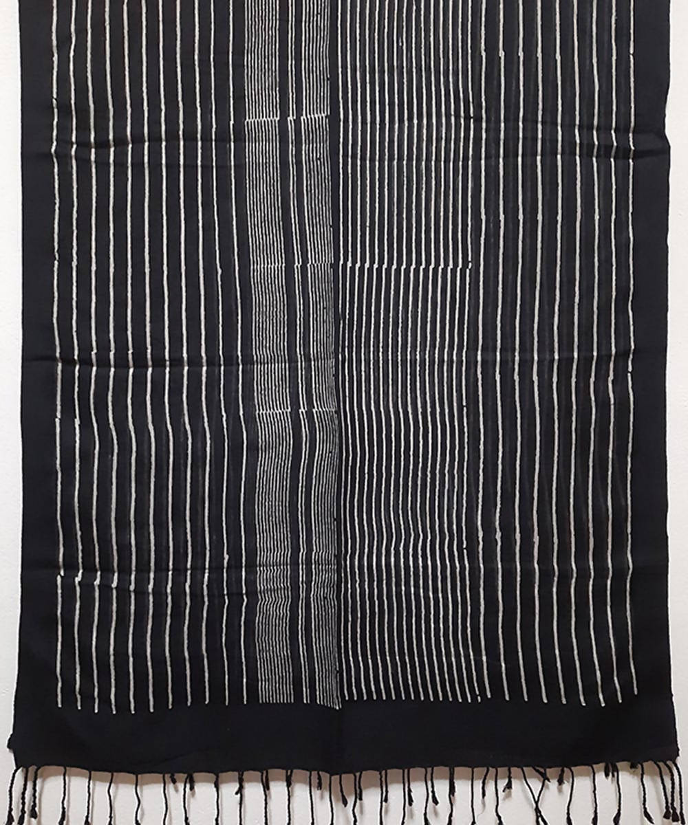 Black white handblock printed irregular stripe sico stole