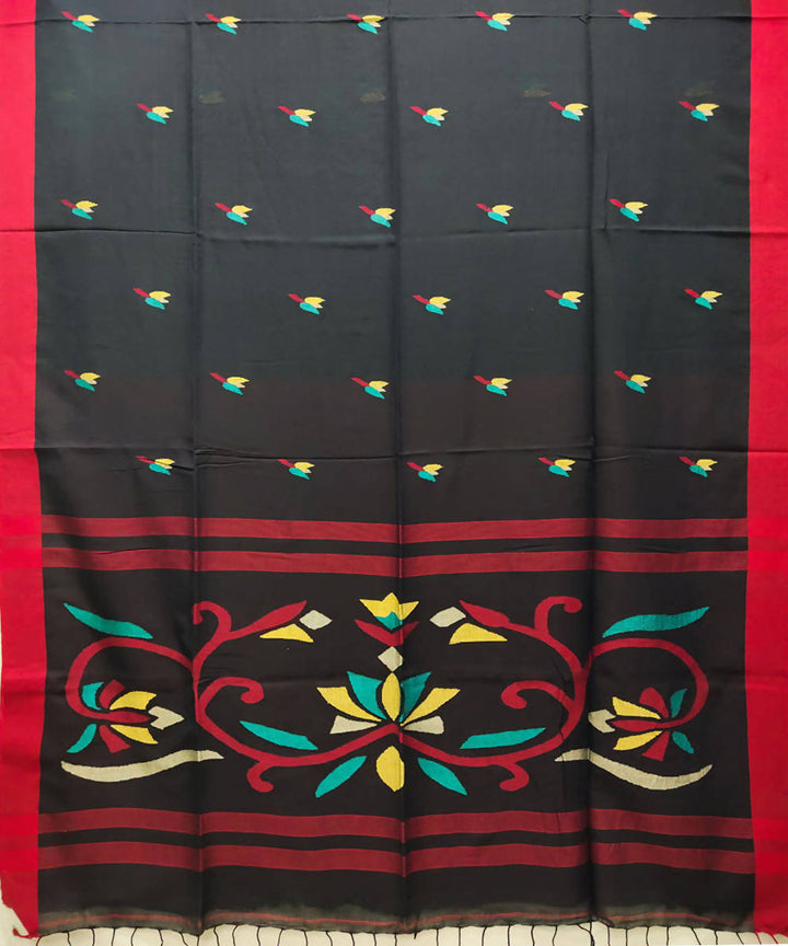 Black red handwoven jamdani malmal cotton saree