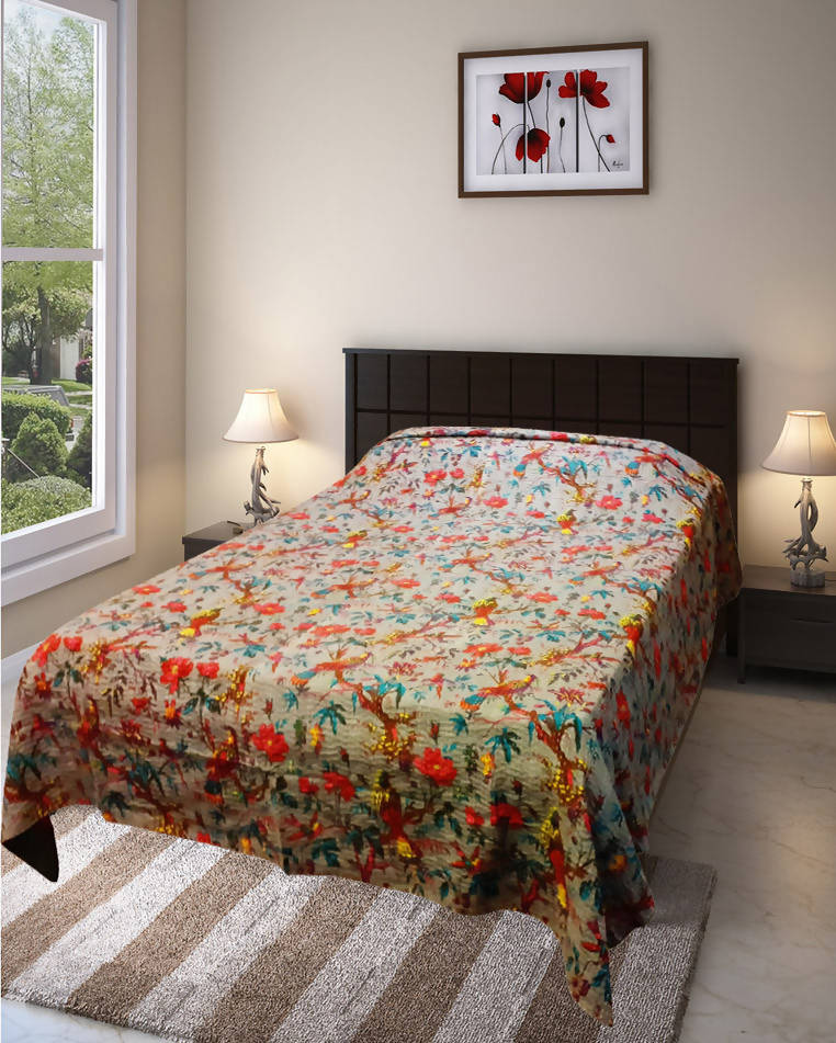 Grey kantha work double layered cotton bedcover (Single bed)