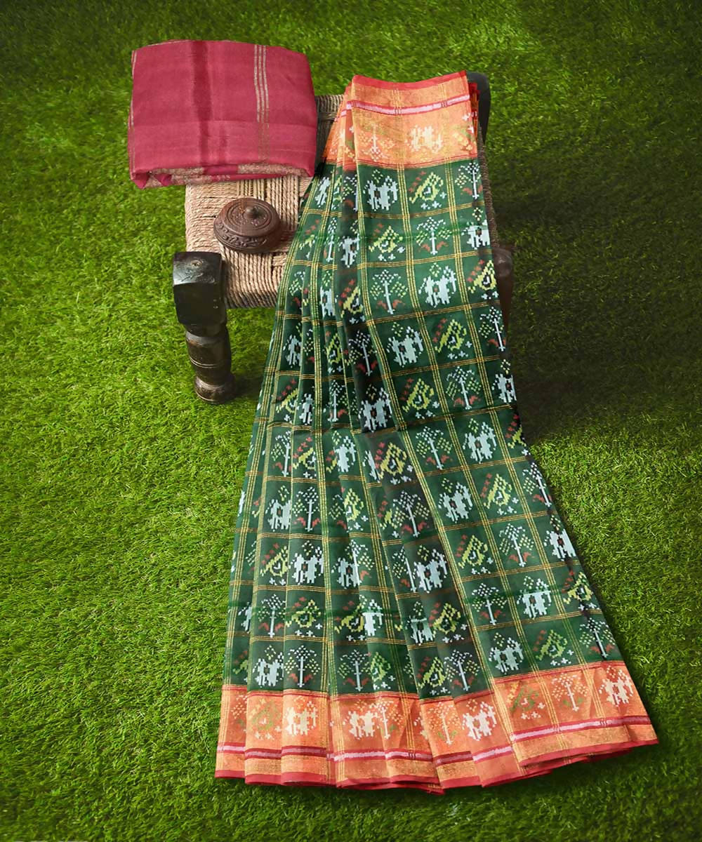 Dark green red handloom patola silk saree