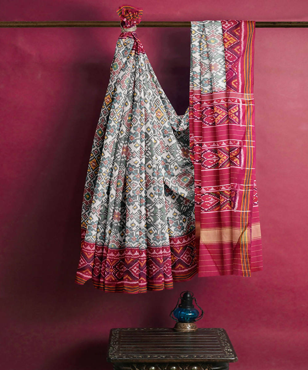 White pink handwoven patola silk saree