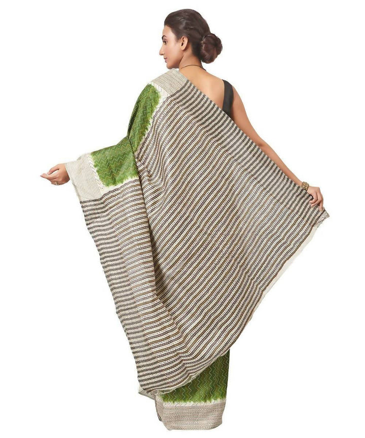 Biswa bangla handwoven green tussar silk saree with kantha jalchiri work