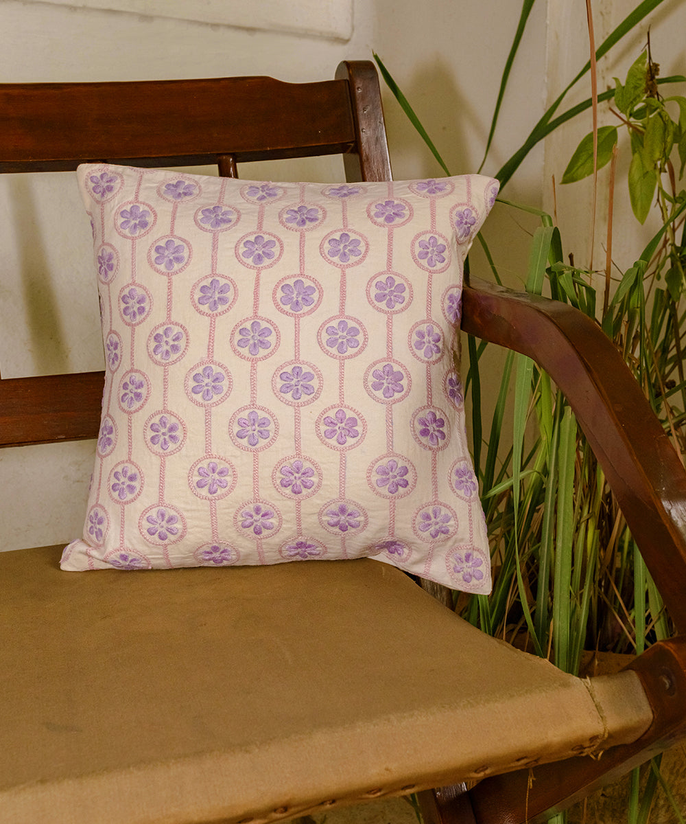 Off white handcrafted floral chikankari cotton cushion cover