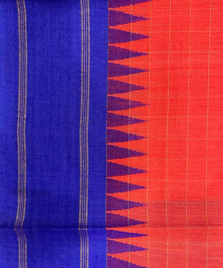 Orange blue handwoven temple border tussar silk saree