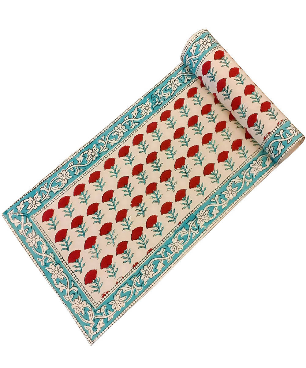 Multicolor hand block printed cotton table runner with 6 table mats and napkins