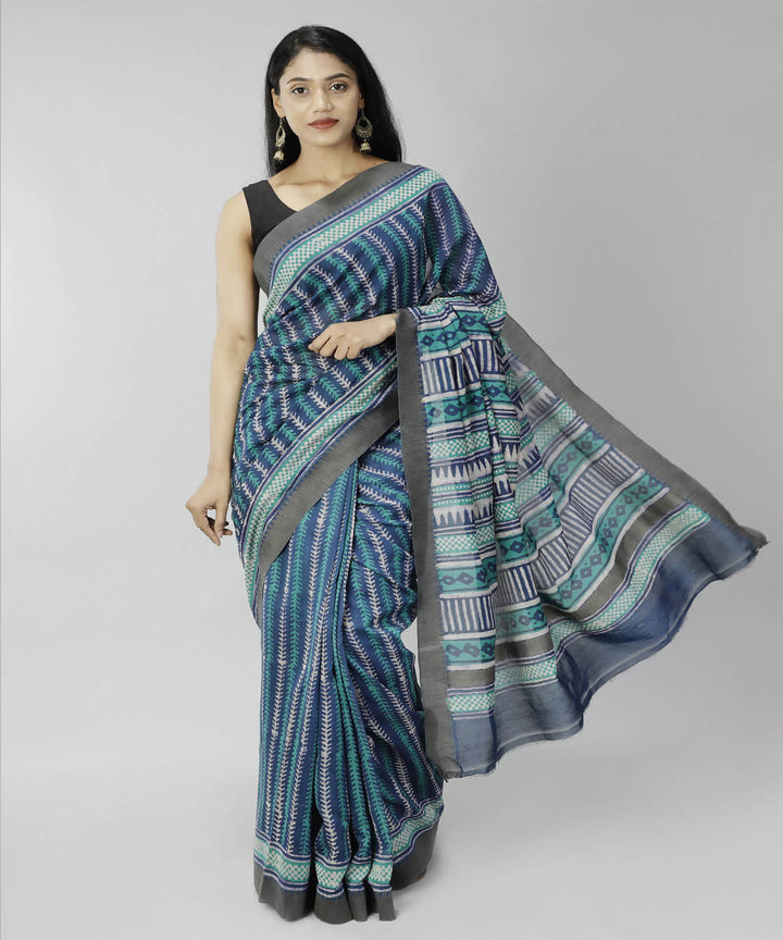 Cyan blue bagru handblock printed cotton silk saree