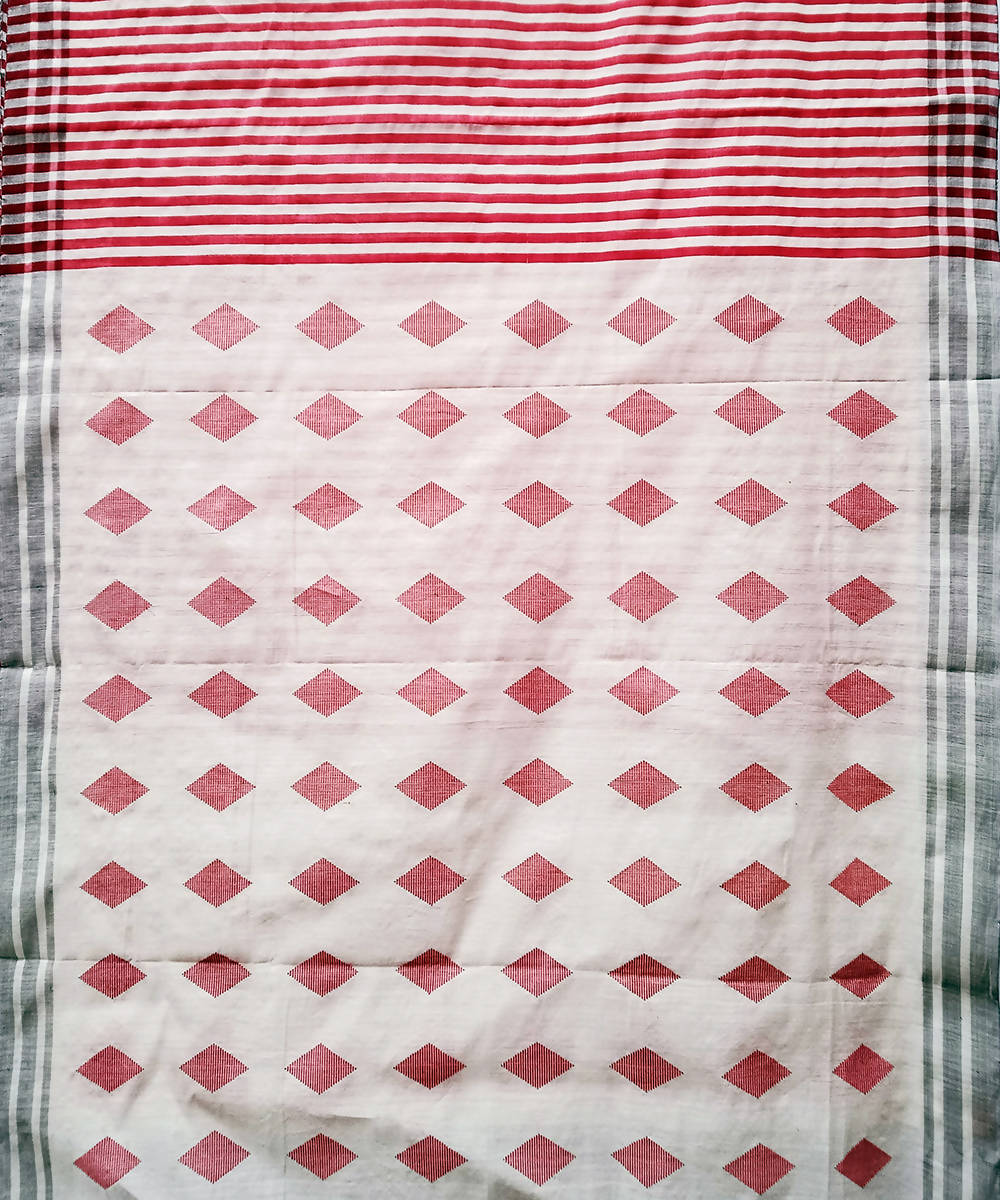 Red white handwoven extra weft cotton silk saree