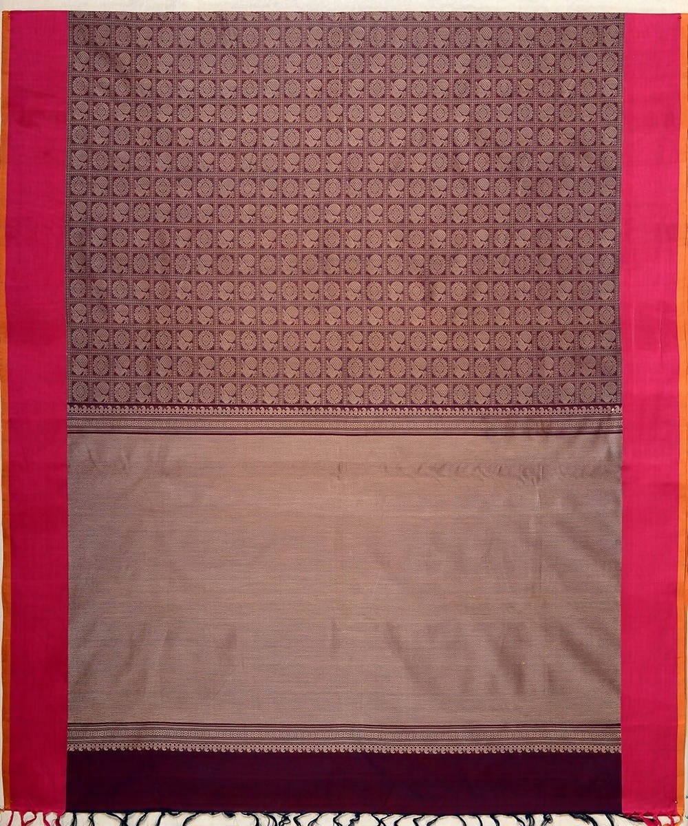 Wine brown handloom kanchi cotton saree jacquard mayil chakram body