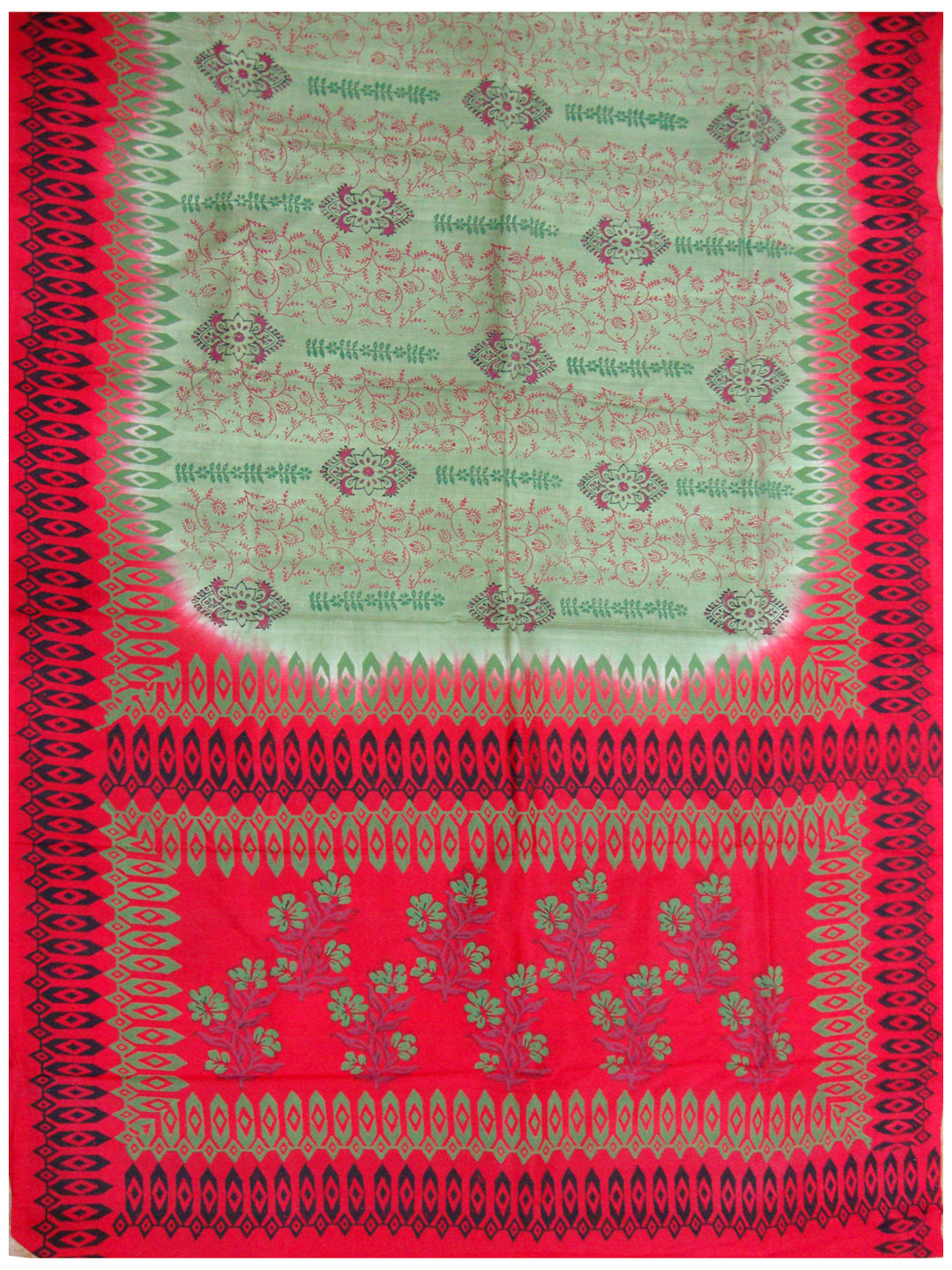 Printed silk saree Olive Green and Red Shade