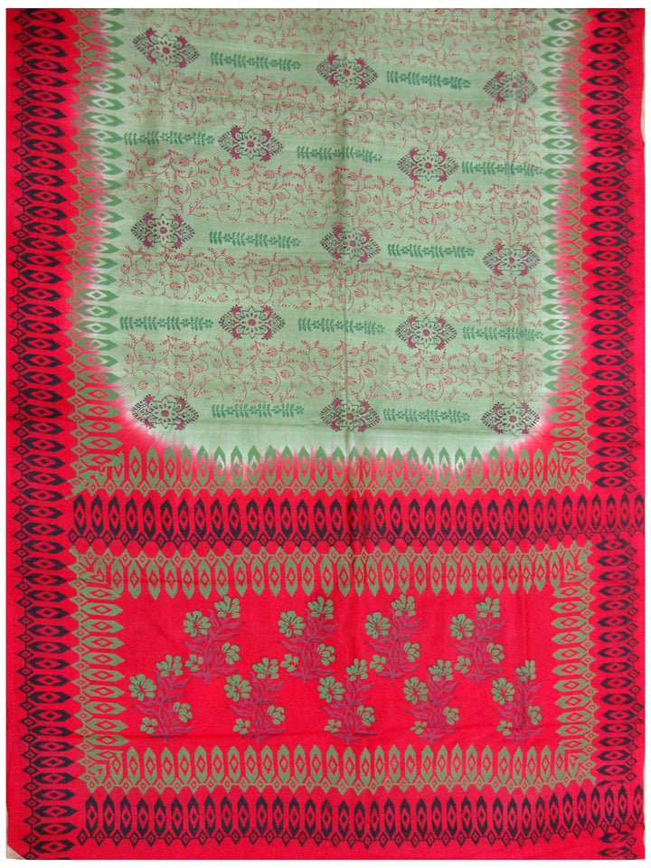 Printed silk saree Olive Green and Red Shade