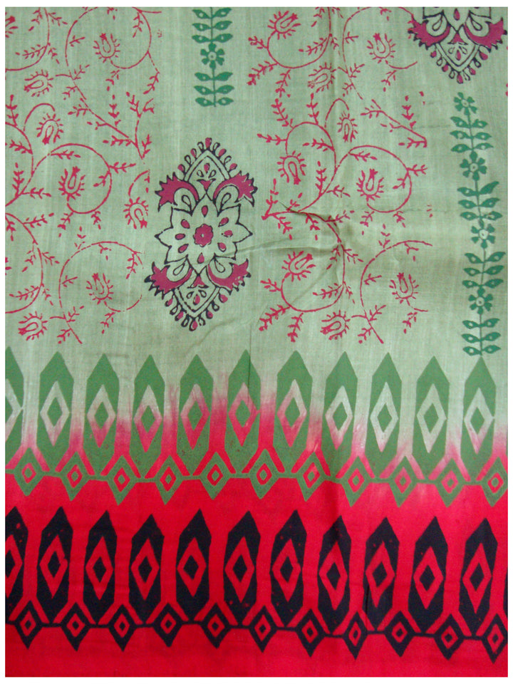 Printed silk saree Olive Green and Red Shade