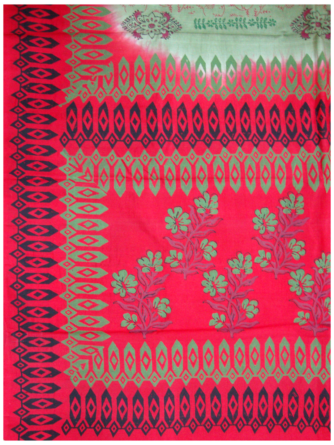 Printed silk saree Olive Green and Red Shade