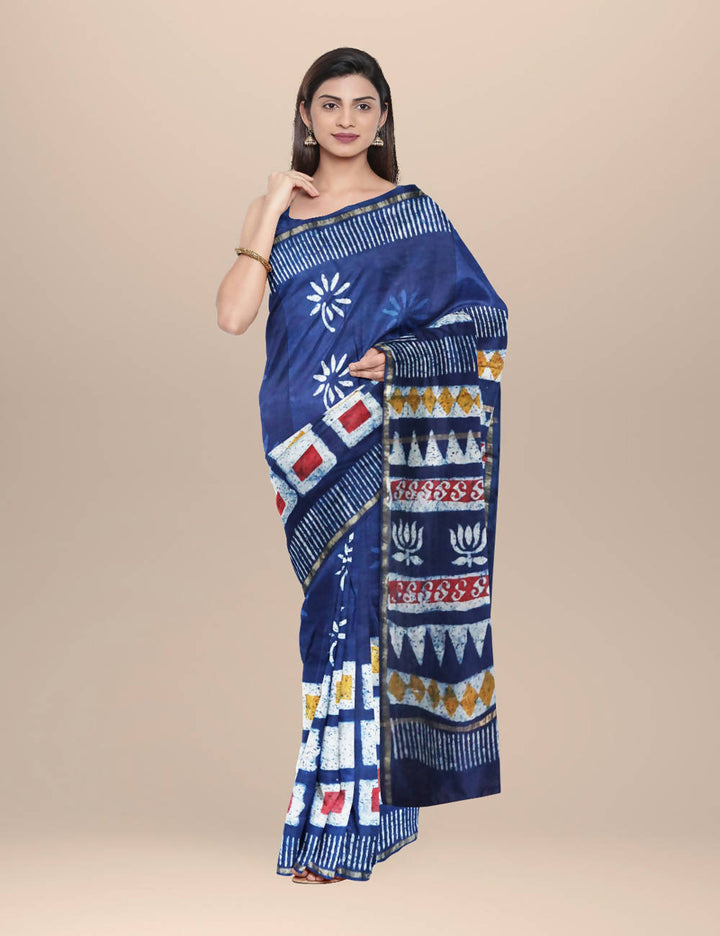 Navy Handwoven and Batik Chanderi cotton silk Saree