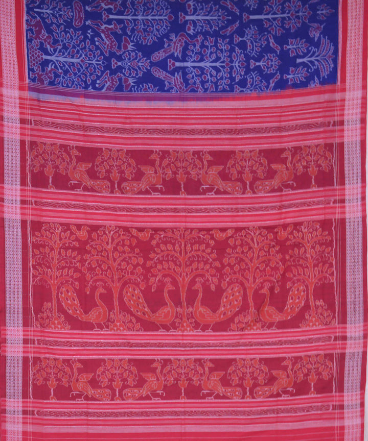 Blue red handwoven cotton ikat sambalpuri saree