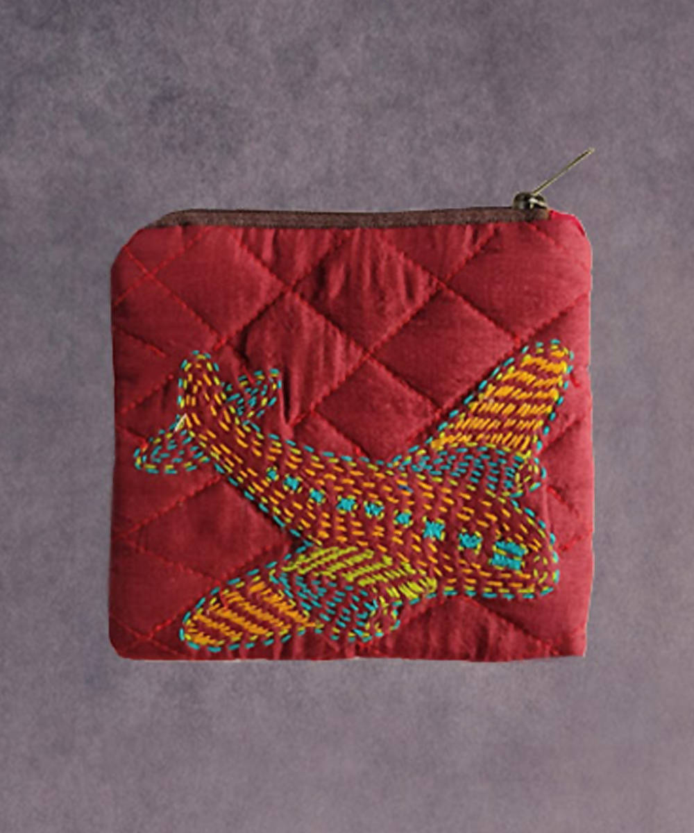 Pink hand made kantha stitch silk coin purse
