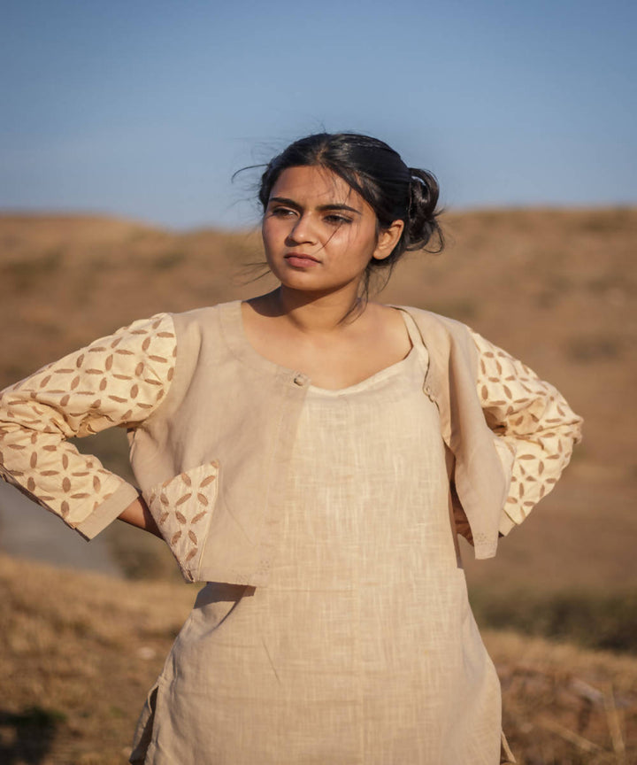 Beige cutwork handcrafted cotton crop jacket