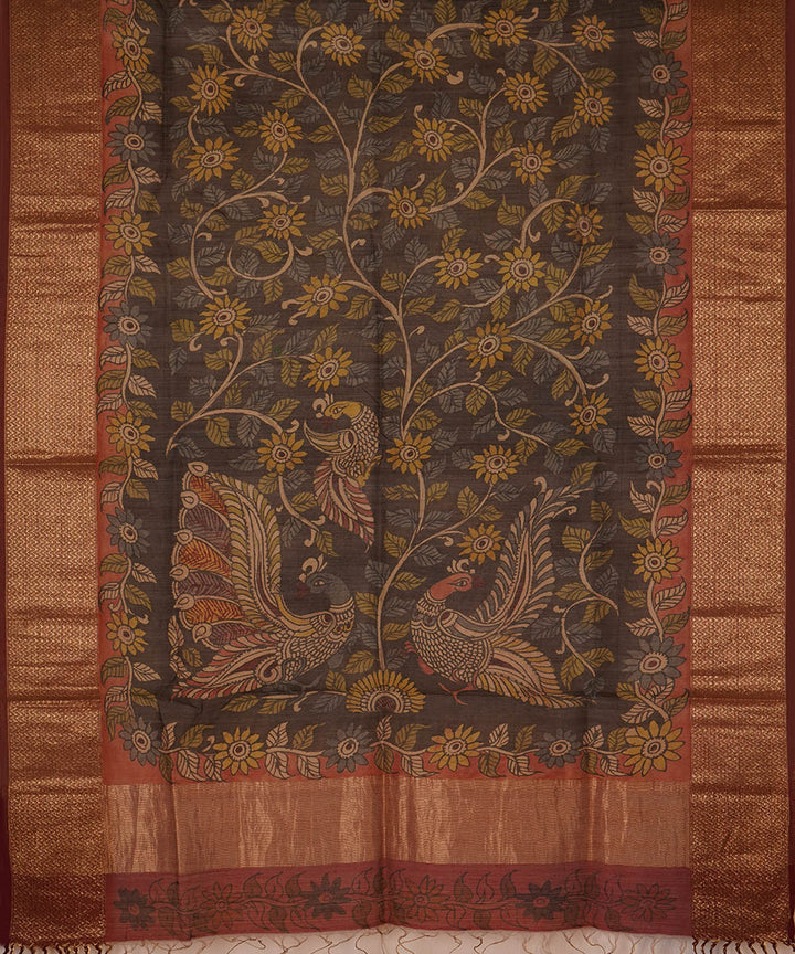 Black handpainted natural dye maheshwari cotton silk kalamkari dupatta