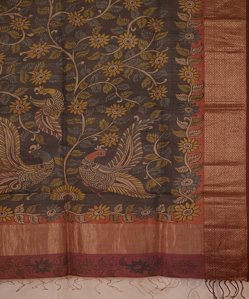 Black handpainted natural dye maheshwari cotton silk kalamkari dupatta