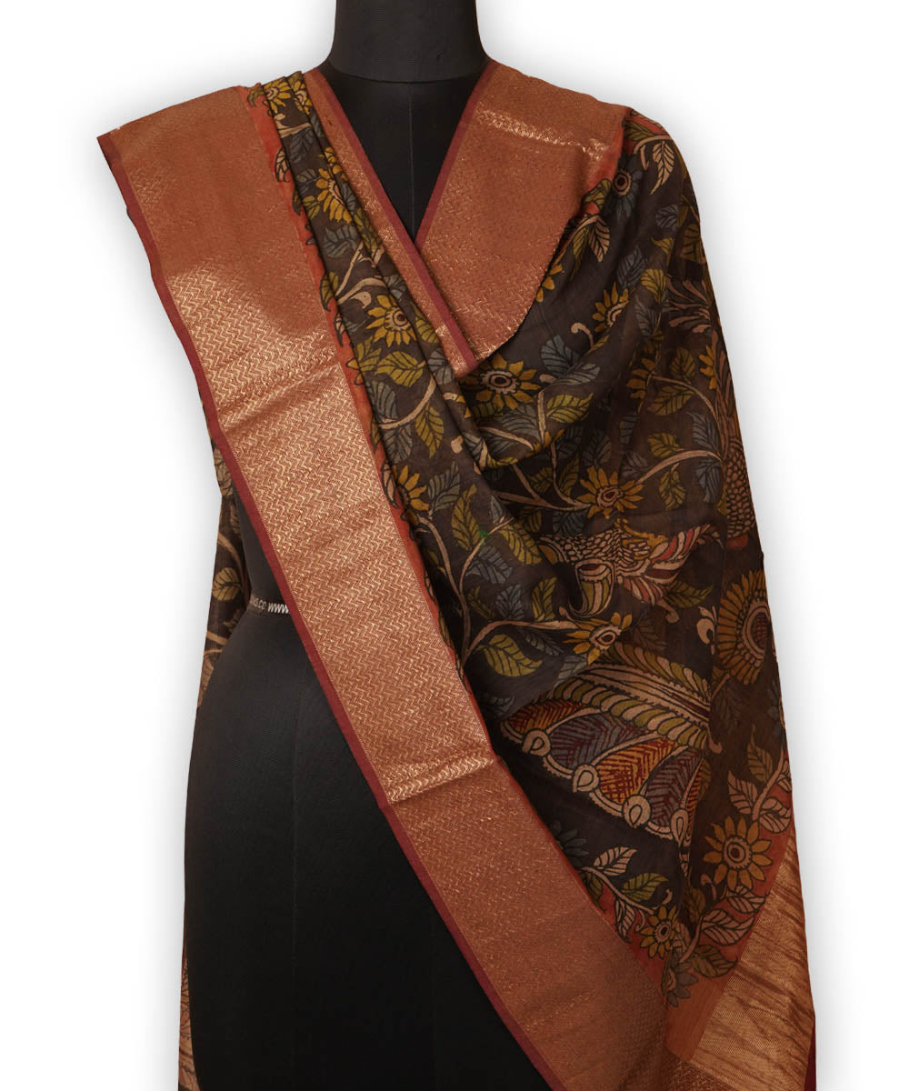 Black handpainted natural dye maheshwari cotton silk kalamkari dupatta