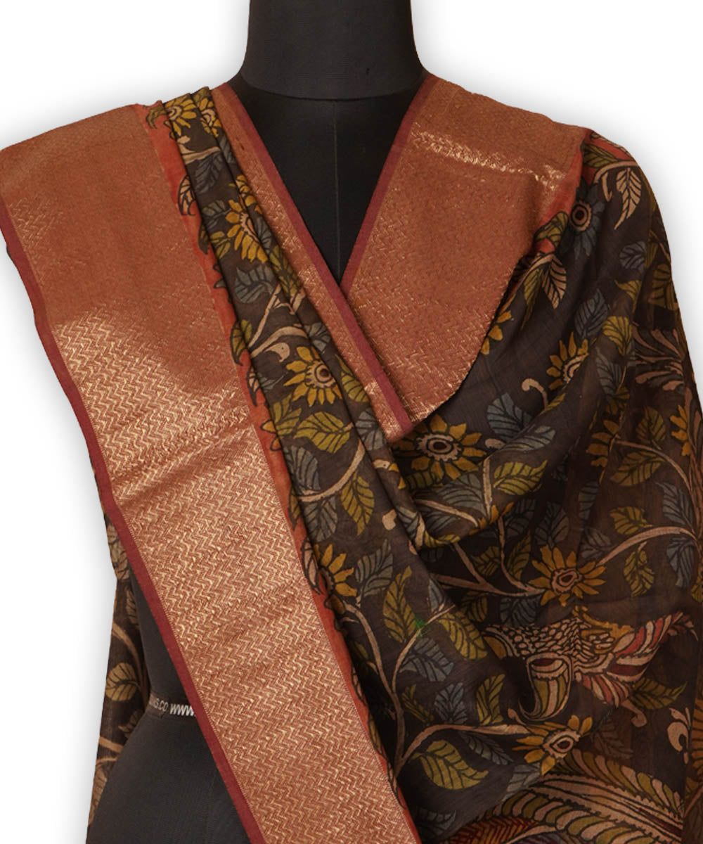 Black handpainted natural dye maheshwari cotton silk kalamkari dupatta