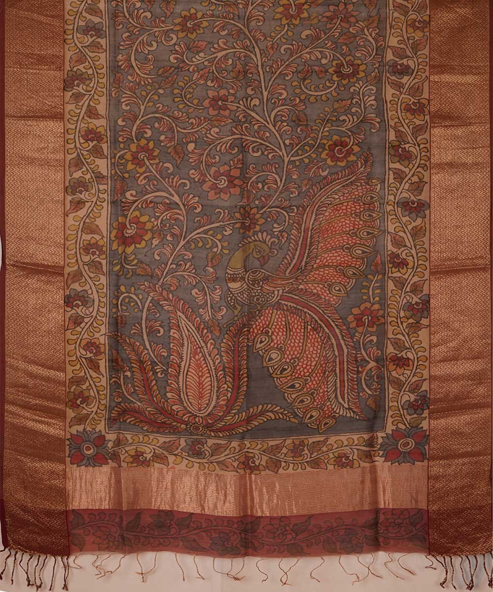 Grey hand painted natural dye maheshwari cotton silk kalamkari dupatta