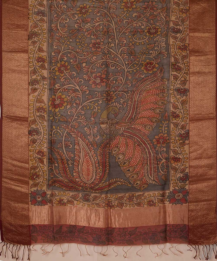 Grey hand painted natural dye maheshwari cotton silk kalamkari dupatta