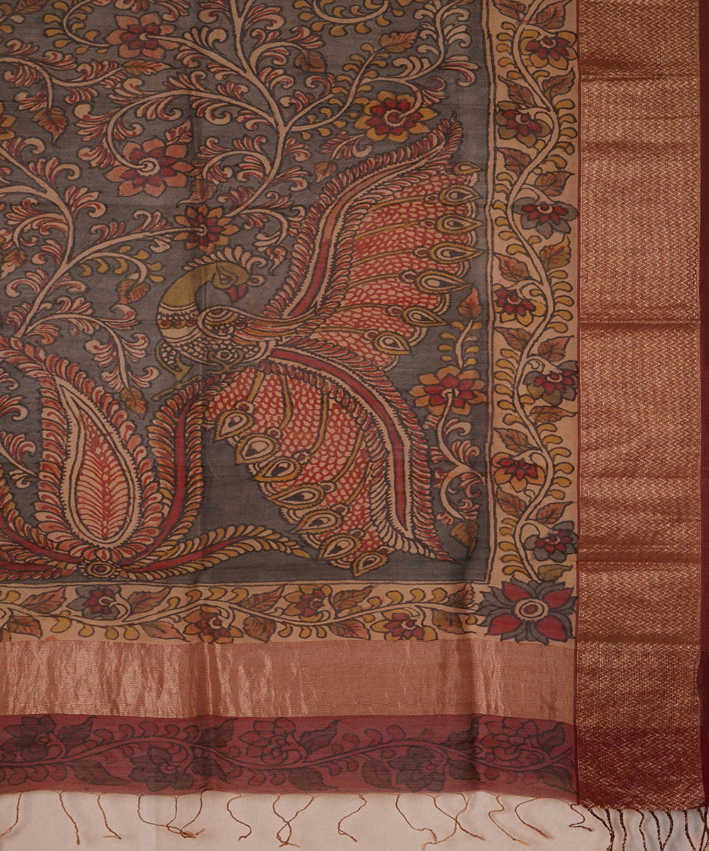 Grey hand painted natural dye maheshwari cotton silk kalamkari dupatta