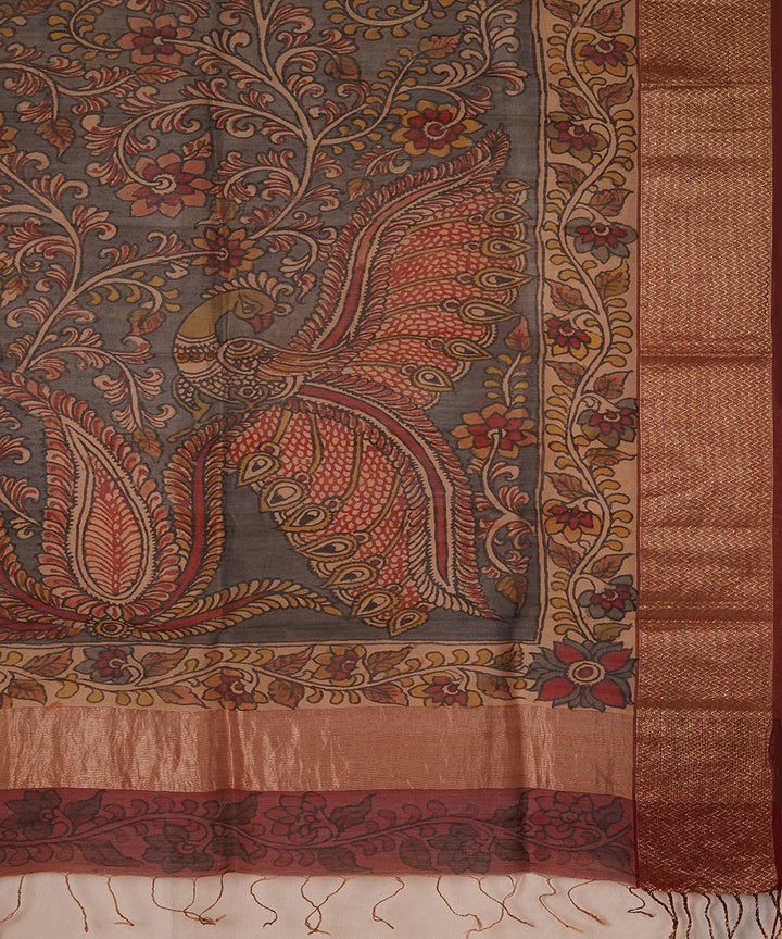 Grey hand painted natural dye maheshwari cotton silk kalamkari dupatta