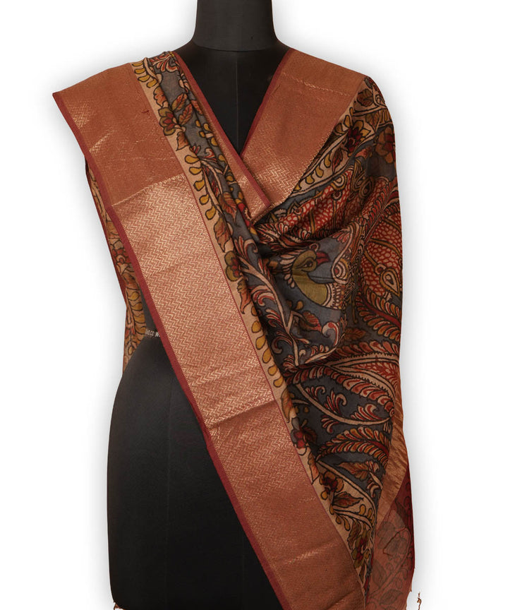 Grey hand painted natural dye maheshwari cotton silk kalamkari dupatta