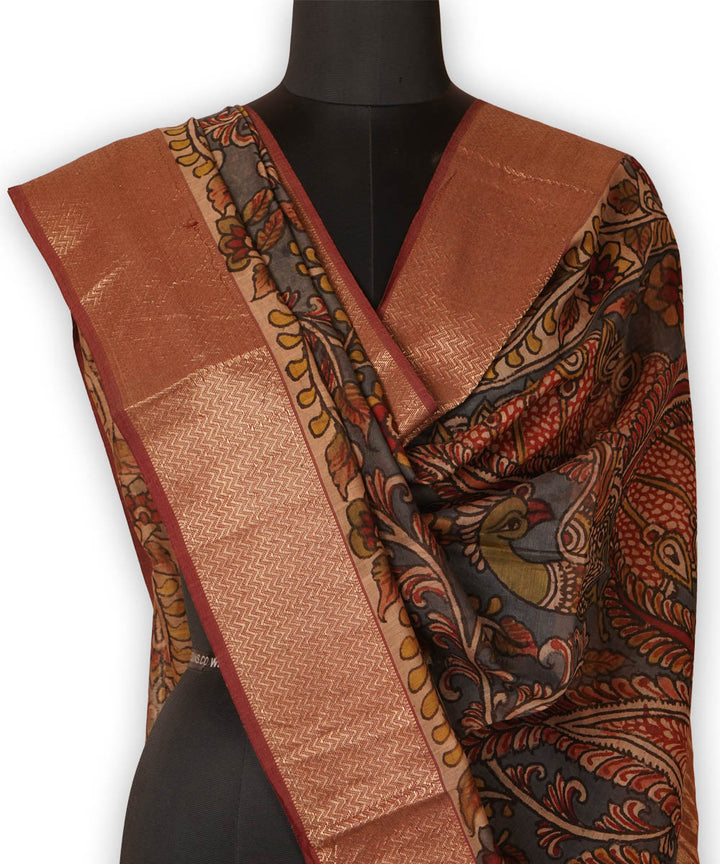 Grey hand painted natural dye maheshwari cotton silk kalamkari dupatta