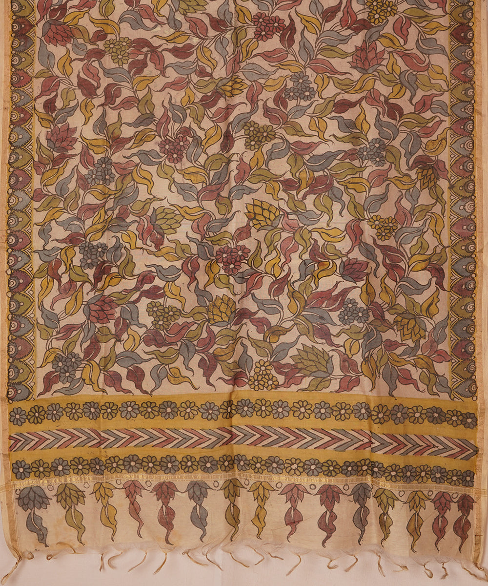 White hand painted natural dye chanderi cotton silk kalamkari dupatta
