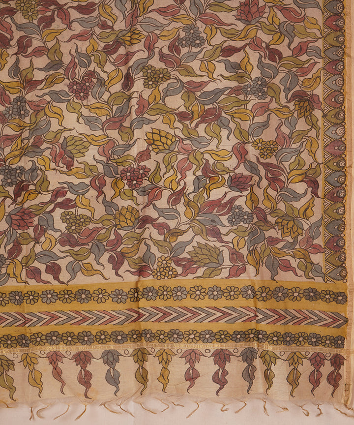White hand painted natural dye chanderi cotton silk kalamkari dupatta