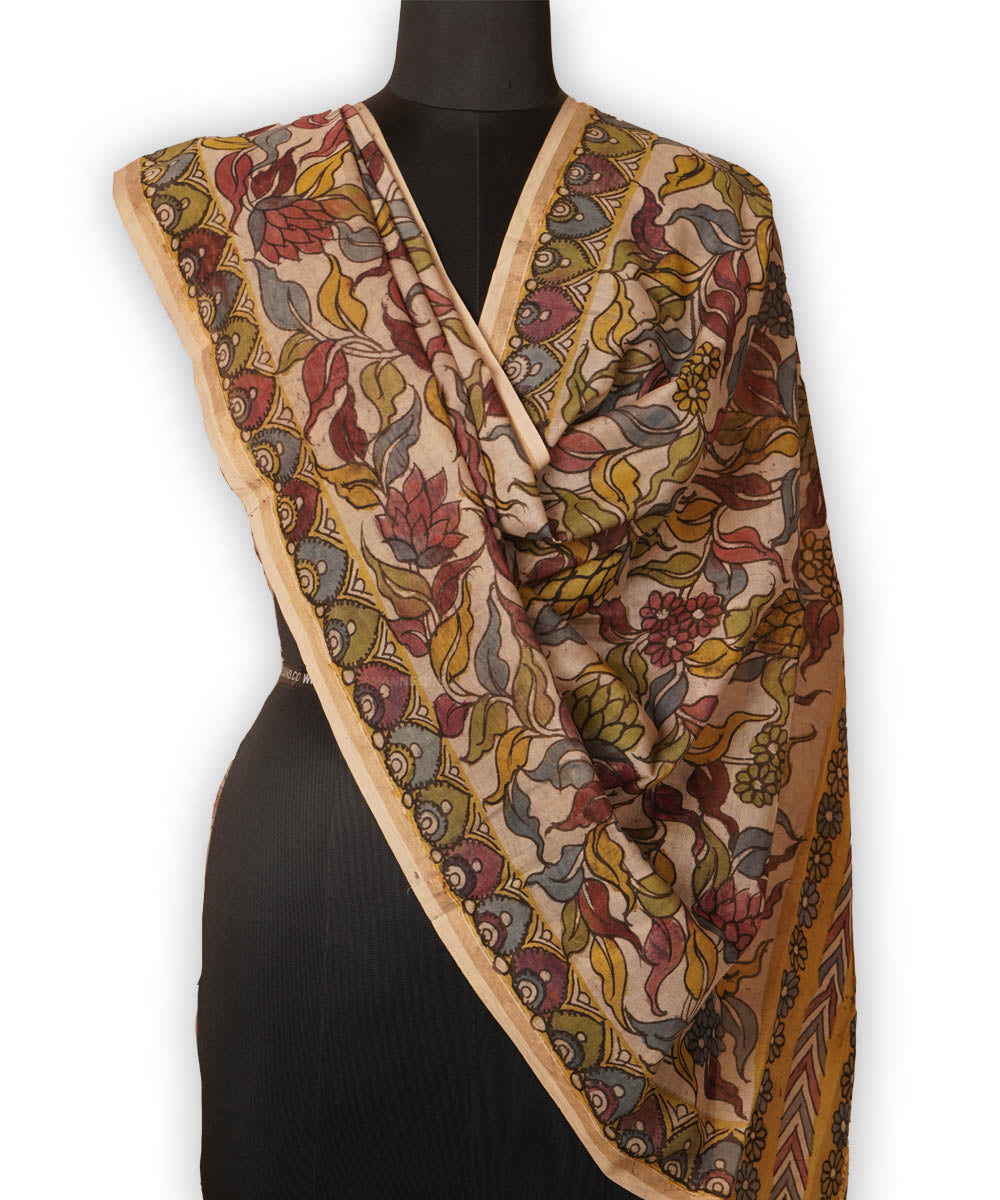 White hand painted natural dye chanderi cotton silk kalamkari dupatta
